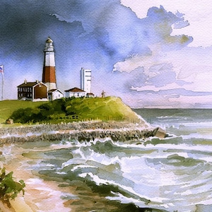 Montauk Lighthouse, Long Island, New York. East End beach, surf & clouds. James Mann watercolor landscape art prints, notecards