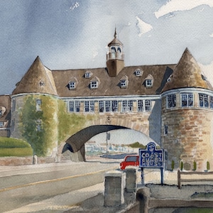Narragansett Towers, Rhode Island. Historic McKim Mead & White pier casino. James Mann watercolor landscape prints, notecards.