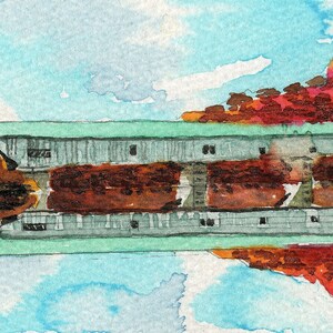 Bath Covered Bridge, Ammonoosuc River, New Hampshire. Autumn landscape, blue sky & red foliage. Peter M. Mason watercolor prints, notecards.