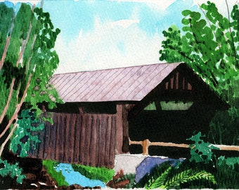 Haunted "Emily's Bridge." Gold Brook Covered Bridge, Stowe, Vermont. Colorful summer landscape. Peter M. Mason watercolor notecards.