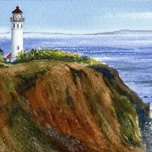 Point Vicente Lighthouse, Palos Verdes, California. Dramatic cliff view over Pacific. Gerald Hill watercolor landscape art prints, notecards