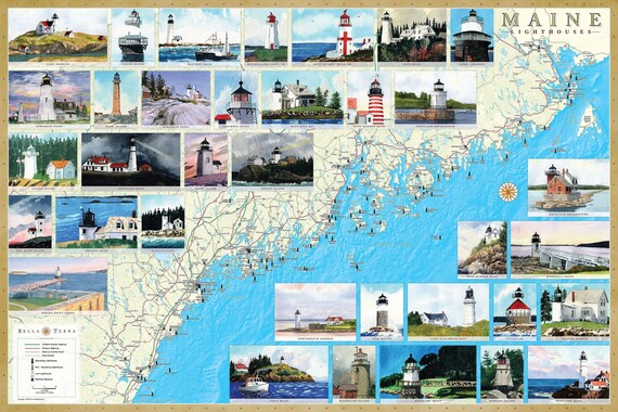 New Hampshire Lighthouses Map Maine Lighthouses Illustrated Map Poster. Beautiful Watercolor | Etsy  Singapore