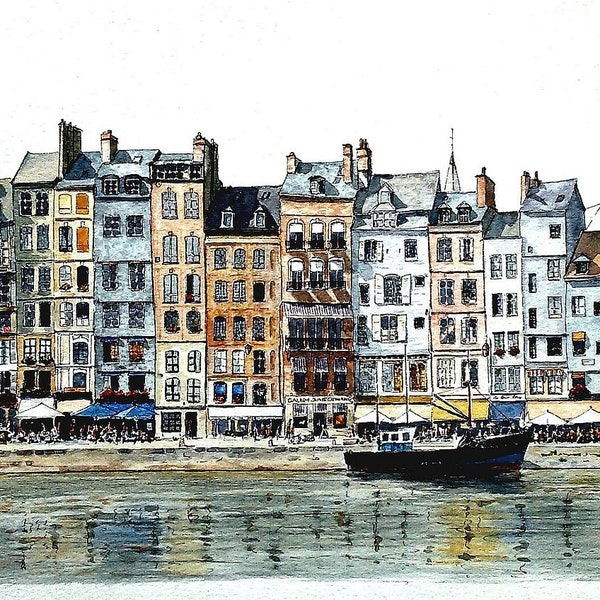 Honfleur Old Harbor, Normandy, France. Le Vieux Bassin. Historic French waterfront. Rob Thorpe watercolor landscape prints & notecards.