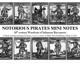 Notorious Pirates Mini Notes Collection. Vintage Portraits of 10 Buccaneers. 18th-century black & white art.