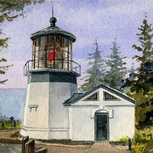 Cape Meares Lighthouse, Netarts, Oregon. Little tower with big lantern in the pines. Gerald Hill watercolor landscape art prints, notecards. Matted print 5x7 inches