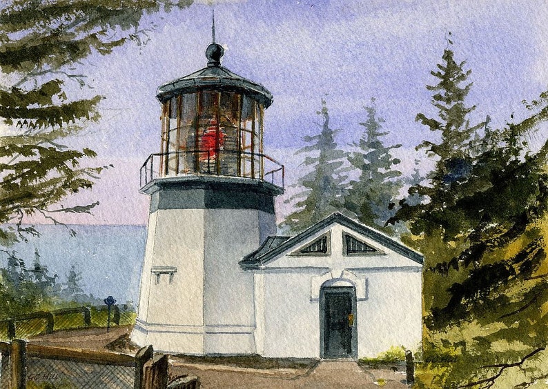 Cape Meares Lighthouse, Netarts, Oregon. Little tower with big lantern in the pines. Gerald Hill watercolor landscape art prints, notecards. Matted print 5x7 inches