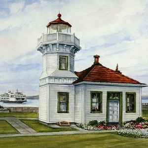 Mukilteo Lighthouse & Ferry, Puget Sound, Washington. Gerald Hill watercolor landscape art prints, notecards image 1