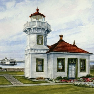 Mukilteo Lighthouse & Ferry, Puget Sound, Washington. Gerald Hill watercolor landscape art prints, notecards