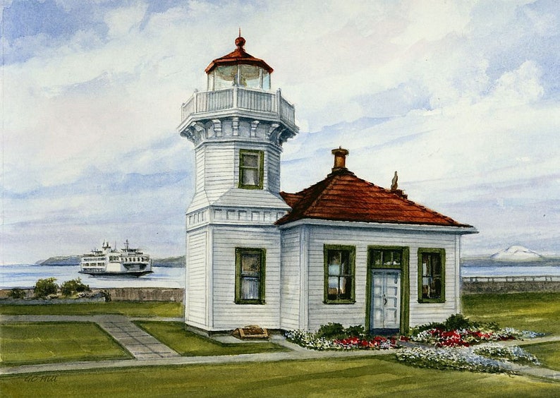 Mukilteo Lighthouse & Ferry, Puget Sound, Washington. Gerald Hill watercolor landscape art prints, notecards image 1