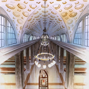 Gare Union, Utica (New York). Salle d'attente historique aux allures de cathédrale. Portraits de chemin de fer aquarelle James Mann, impressions, cartes pour correspondance