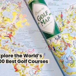May include: A rolled-up illustrated golf map with a green and white label that reads "Golf Map Illustrated". The map shows a world map with cartoon figures playing golf. Text on the map reads "Explore the World's 400 Best Golf Courses."