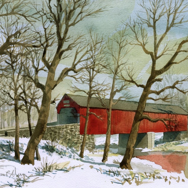 Frankenfield Covered Bridge in Winter, Bucks County, PA. Tinicum Creek snowy landscape, bare trees. James Mann watercolor prints, notecards