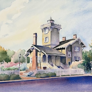 May include: Watercolour painting of a historic house with a tower, featuring a white picket fence and lush greenery. The house has a yellow and grey exterior, with a dark roof and multiple chimneys. The sky is a soft blue with hints of yellow.