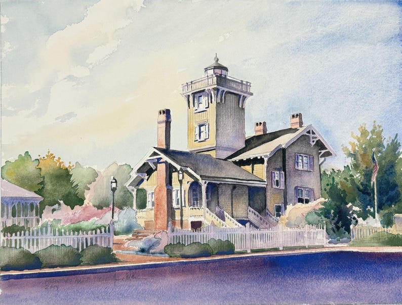 May include: Watercolour painting of a historic house with a tower, featuring a white picket fence and lush greenery. The house has a yellow and grey exterior, with a dark roof and multiple chimneys. The sky is a soft blue with hints of yellow.
