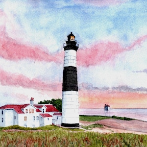 May include: A watercolor painting of a black and white lighthouse with a white house in front of it. The sky is a soft pink and blue with clouds. The lighthouse is tall and has a light on top. The house is small and has a red roof.