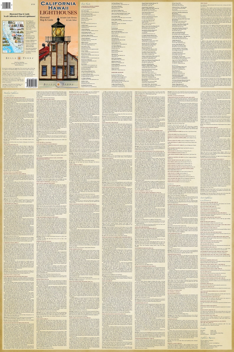 May include: Illustrated map and guide to California and Hawaii lighthouses. The map features a detailed illustration of the Point Reyes Lighthouse, a white tower with a red roof, against a blue sky and ocean background. The map includes text about the history and location of lighthouses in California and Hawaii.