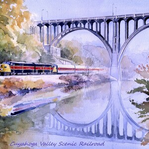 Cuyahoga Valley Scenic RR Streamliner Train Fridge Magnet. Brecksville Bridge, Ohio. Autumn reflections. James Mann watercolor landscape.