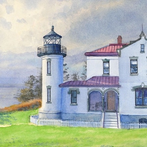 Admiralty Head Lighthouse, Coupeville, Whidbey Island WA. Glowing backlit landscape at Fort Casey. Chris Oldham watercolor prints, notecards