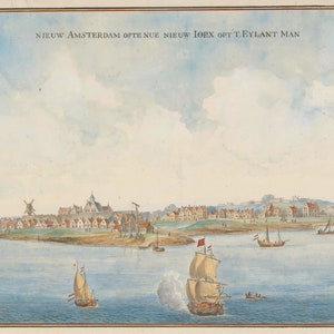 La nouvelle Amsterdam dans les années 1660. Navire de guerre anglais et bateaux néerlandais dans le port de New York. Nouvelles impressions murales emmêlées, cartes de correspondance représentant un paysage marin historique à l'aquarelle