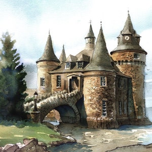 Boldt Castle Power House & Clock Tower, Heart Island, 1000 Islands, NY. Fairy tale wedding venue. James Mann watercolor prints, notecards.