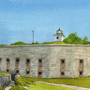 Clark's Point Lighthouse on Civil War Fort Rodman, Fort Taber Park, New Bedford, Mass. Rob Thorpe watercolor landscape prints & notecards.