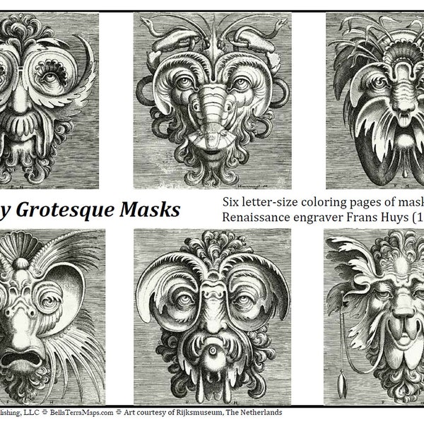 Funny Grotesque Masks Vintage Art Printable Coloring Pages. 6 bizarre Renaissance Flemish engravings. Fun art project for adults & kids!