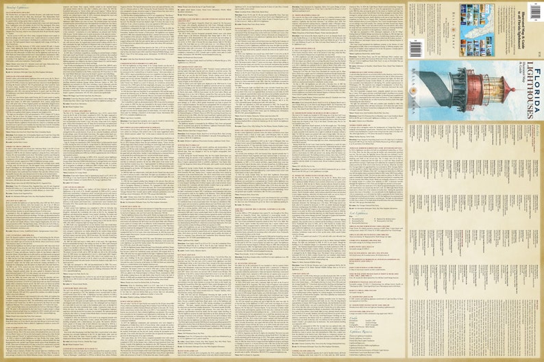 May include: A vintage-style map of Florida lighthouses with illustrations of lighthouses and a key to the map. The map is printed on a cream-colored background with brown text and black lines. The map includes the names of the lighthouses and their locations.
