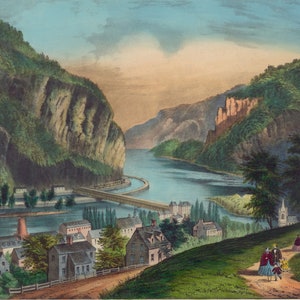 Harpers Ferry WV. Spectacular vintage Currier & Ives landscape. Covered bridge, Potomac River, mountains. Prints, notecards.