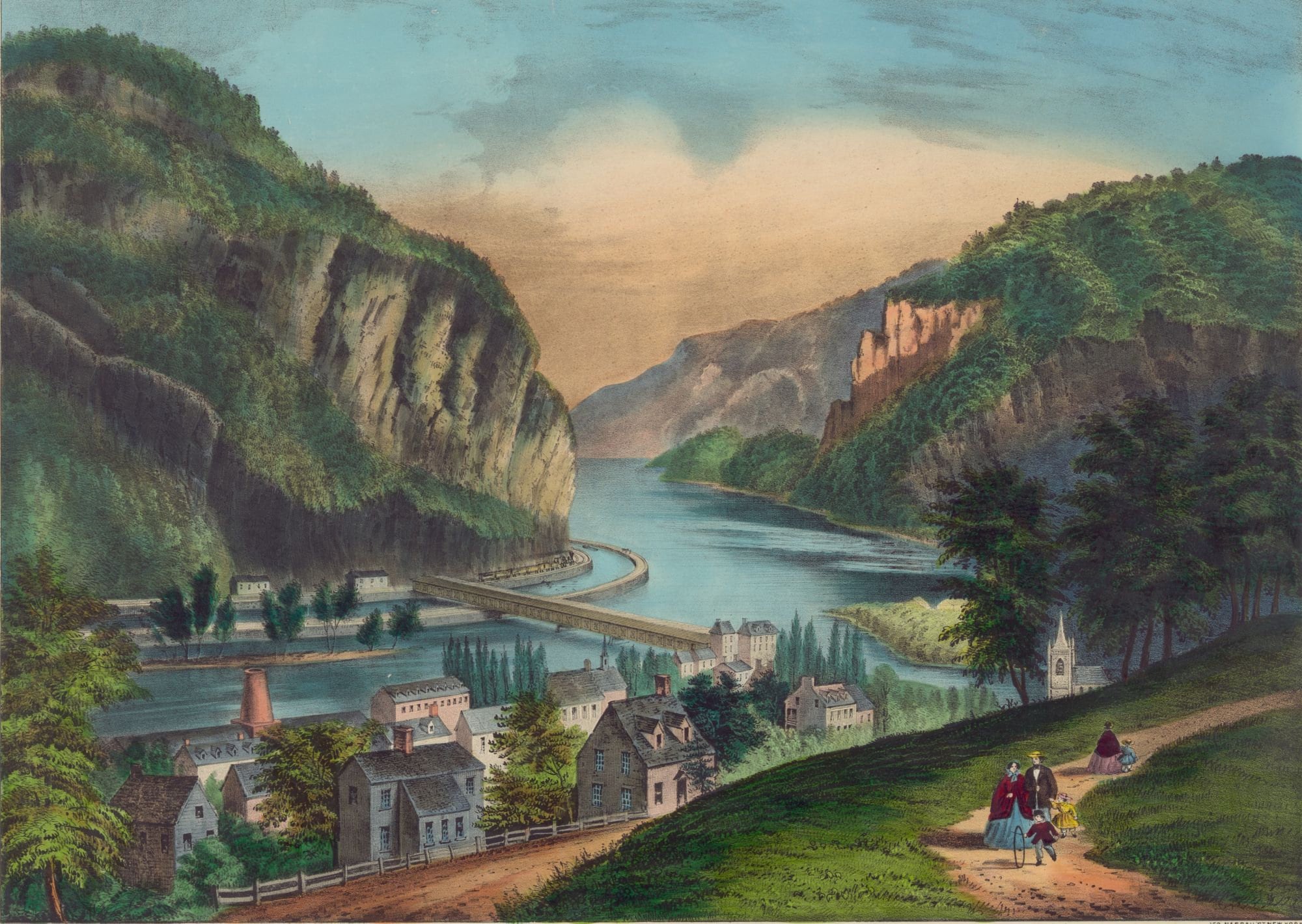 Harpers Ferry WV. Spectacular vintage Currier & Ives landscape. Covered bridge, Potomac River, mountains. Prints, notecards.