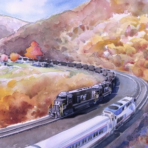 Horseshoe Curve, Pennsylvania. Autumn landscape. Norfolk Southern & Amtrak trains. James Mann watercolor prints, notecards