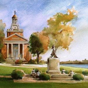 Mariners Memorial Chapel & Lighthouse, Merchant Marine Academy, Kings Point, New York. James Mann watercolor landscape art prints, notecards