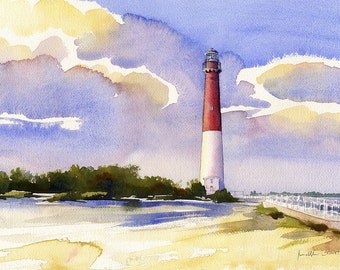 Barnegat Lighthouse, New Jersey Shore. Red & white Old Barney in beach landscape with gorgeous sky. James Mann watercolor prints, notecards