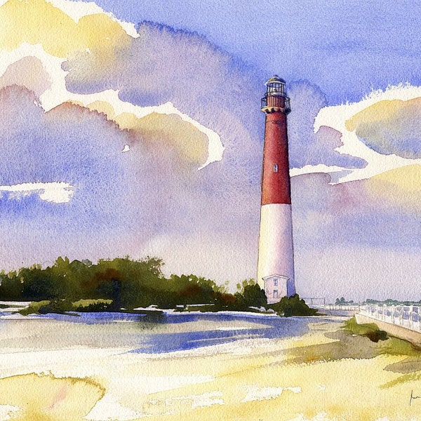 Barnegat Lighthouse, New Jersey Shore. Red & white Old Barney in beach landscape with gorgeous sky. James Mann watercolor prints, notecards