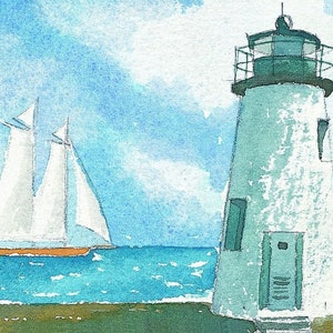 Phare de Concord Point & Voilier Paysage Frigo Aimant 3.5x5 ». Havre de Grace, baie de Chesapeake, MD. Peter M. Mason aquarelle.