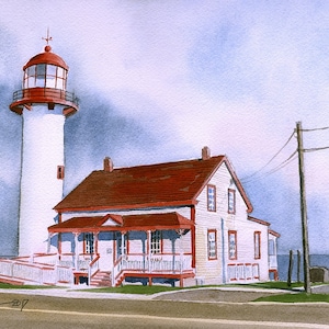 Matane Lighthouse & Keeper&#39;s House, Gaspé Peninsula, Quebec, Canada. James Mann watercolor landscape prints, notecards.