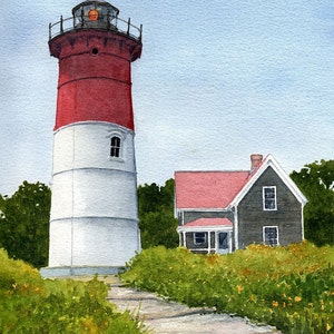 Phare de Nauset Beach, Eastham, Cape Cod, Mass. Portrait d'une tour rouge et blanche avec maison de gardien. Impressions aquarelles Rob Thorpe, cartes pour correspondance