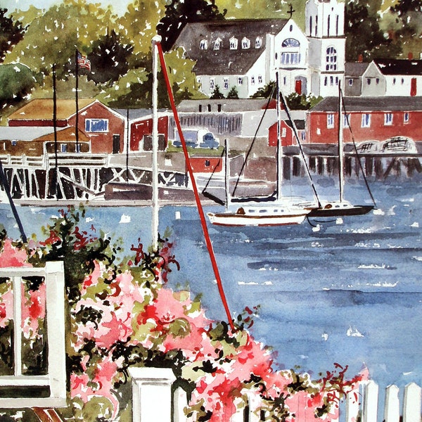 Boothbay Harbor, Maine. Summer portrait view. Sailboats, docks, church, pink flowers, picket fence. Jean Andrew watercolor prints, notecards