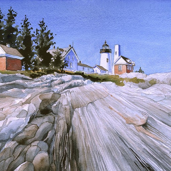 Pemaquid Point Lighthouse, Bristol, Maine. Dramatic view of rocks & pine trees. James Mann watercolor landscape art prints, notecards