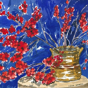 Baies d’hiver. Bouquet rouge vif dans un panier d’or sur fond bleu profond. Diana Hertz aquarelle et cartes de notes.
