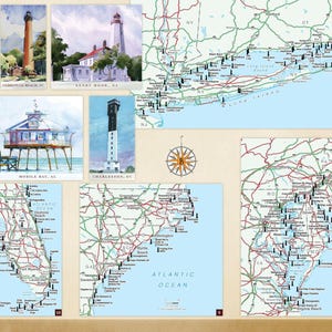May include: A map of the East Coast of the United States showing the locations of lighthouses. The map is divided into sections, each showing a different state. The map is surrounded by images of lighthouses.