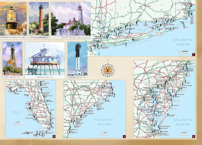 May include: A map of the East Coast of the United States showing the locations of lighthouses. The map is divided into sections, each showing a different state. The map is surrounded by images of lighthouses.