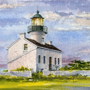 Old Point Loma Lighthouse, San Diego, CA. Evening clouds over historic Colonial. Gerald Hill watercolor landscape art prints, notecards.