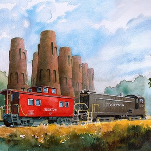 Ironton RR Red Caboose & Baldwin engine at historic vertical kilns, Coplay, Penna. James Mann watercolor landscape train prints, notecards.
