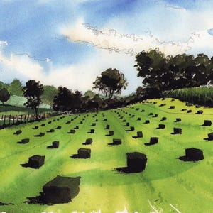 May include: Watercolor painting of a green field with rows of dark square hay bales. The sky is blue with white clouds. Trees and a fence are in the background. The painting is signed in the bottom left corner.