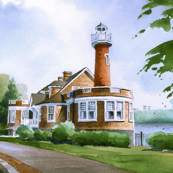 Turtle Rock Lighthouse, Boathouse Row, Fairmount Park, Philadelphia, Pennsylvania. James Mann watercolor landscape prints & notecards