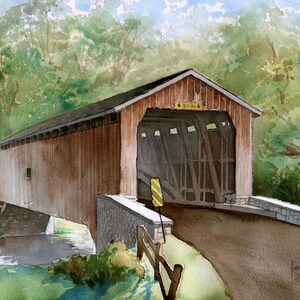 Hunsecker's Mill Covered Bridge, Lancaster County, PA. Green summer forest & river. James Mann watercolor landscape prints, notecards