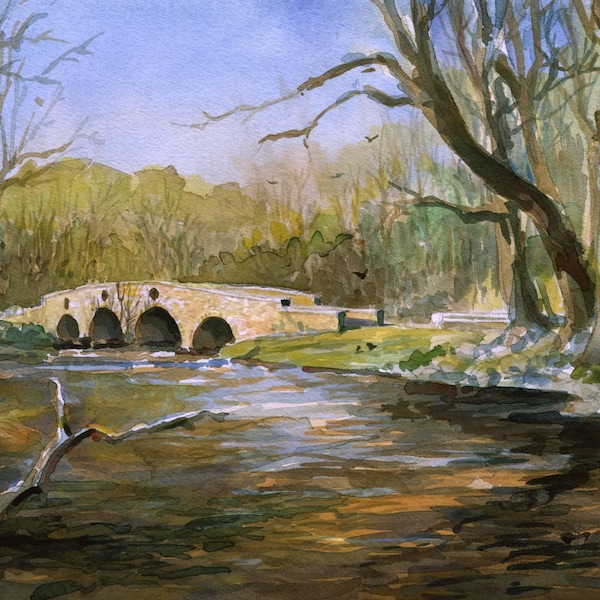 Meadows Road Bridge, Northampton County PA. Stone arches over Saucon Creek. Spring landscape. James Mann watercolor prints, notecards