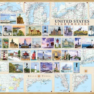 Affiche de carte illustrée des phares des États-Unis. Laminage antireflet. 27 x 39 pouces