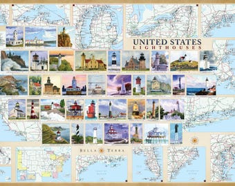 U.S. Lighthouses Illustrated Map Poster. No-Glare Lamination. 27x39 inches