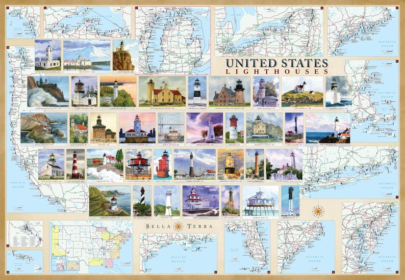 May include: A colorful map of the United States with illustrations of lighthouses from different states. The map is titled "United States Lighthouses" and includes a key with the names of the lighthouses and their locations. The map is surrounded by a brown frame.